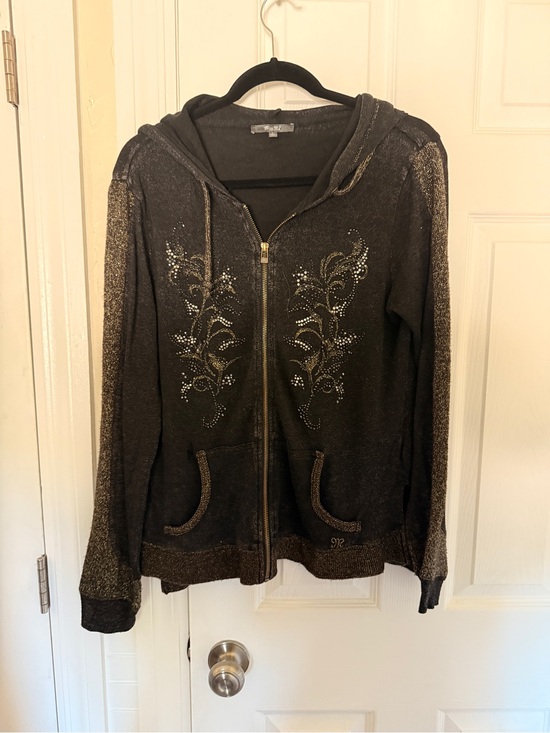 Miss Me Jackets & Blazers - Miss Me Black Hoodie with Gold Zipper Detail